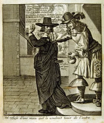17e eeuwse gegraveerde illustratie uit een verzameling spreekwoorden. Parijs 1657-1663. Door Jacques Lagniet (1620-1675). Franse graveur. Van hem veel maatschappijkritische gravures en spotprenten zoals zijn soms groteske en fantastische illustraties