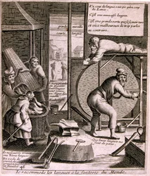 17e eeuwse gegraveerde illustratie uit een verzameling spreekwoorden. Parijs 1657-1663. Door Jacques Lagniet (1620-1675). Franse graveur. Van hem veel maatschappijkritische gravures en spotprenten zoals zijn soms groteske en fantastische illustraties