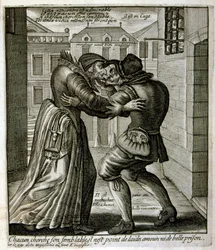 17e eeuwse gegraveerde illustratie uit een verzameling spreekwoorden. Parijs 1657-1663. Door Jacques Lagniet (1620-1675). Franse graveur. Van hem veel maatschappijkritische gravures en spotprenten zoals zijn soms groteske en fantastische illustraties