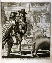 17e eeuwse gegraveerde illustratie uit een verzameling spreekwoorden. Parijs 1657-1663. Door Jacques Lagniet (1620-1675). Franse graveur. Van hem veel maatschappijkritische gravures en spotprenten zoals zijn soms groteske en fantastische illustraties