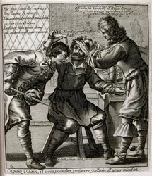 17e eeuwse gegraveerde illustratie uit een verzameling spreekwoorden. Parijs 1657-1663. Door Jacques Lagniet (1620-1675). Franse graveur. Van hem veel maatschappijkritische gravures en spotprenten zoals zijn soms groteske en fantastische illustraties