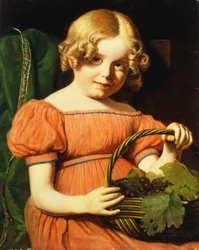 Portret van Louisa Booth, zittend half lengte, in een Koraalroze Jurk met een Blauwe Bies, een Mandje Druiven Vasthoudend