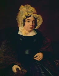 Portret van mevrouw Edward Cross in een donkere satijnen jurk met een Paisley sjaal, 1838