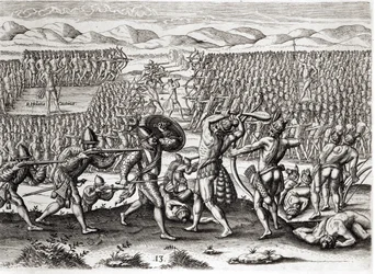 Outina verslaat Patanou met de hulp van de Fransen, Florida, 1564, uit 