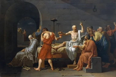 Zelfmoord van Socrates, Griekse filosoof uit de oudheid (5e eeuw v.Chr.), die na beschuldiging van goddeloosheid en het bederven van de jeugd dollekervel moest drinken