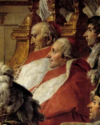 De kroning van Napoleon. Detail met de kardinalen en Jean-Baptiste Jules Bernadotte (1763-1844) tijdens de wijding van keizer Napoleon I Bonaparte en de kroning van keizerin Joséphine in de Notre-Dame van Parijs op 2 december