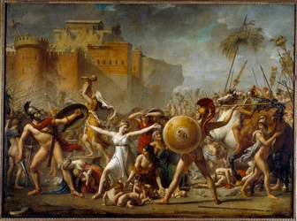 De Sabijnen die tussen hun Romeinse echtgenoten (rechts) en hun Sabijnse broers (links) komen en hun kinderen tonen.