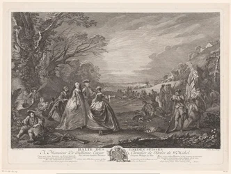 Landschap met vier figuren een bezoek brengend aan een legerkamp