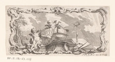 Vignet met twee putti met landkaart, globe en meetinstrumenten