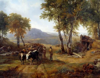 De houthakkers in het bos (detail). Schilderij door Raymond Brascassat (1804-1867) 1832 Nantes, Musée des Beaux Arts