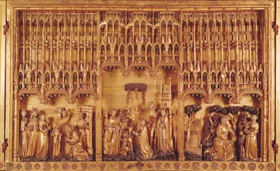 Altaarstuk van heiligen en martelaren, centraal paneel de onthoofding van St. Johannes de Doper, het martelaarschap van St. Catharina van Alexandrië en St. Barbara en de verleiding van St. Antonius, c.1391
