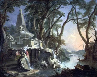 De piramidefontein met een gebroken standbeeld van Neptunus, of landschap: de rivier