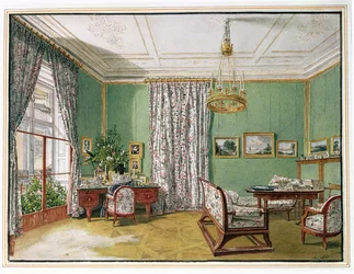 Een dame aan haar schrijftafel in een Biedermeier zitkamer, ca. 1821