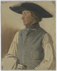 Boer met een grote hoed en een blauw vest