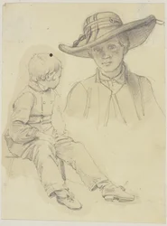 Studieblad: zittende jongen in verloren profiel en borstbeeld van een jonge vrouw met hoed