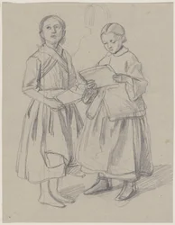 Twee meisjes die van bladmuziek zingen