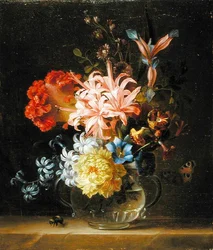 Stilleven van Bloemen in een Glazen Vaas, met een Hommel en een Vlinder