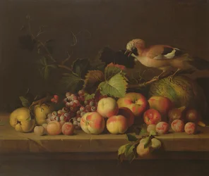 Stilleven met fruit, een gaai en een papegaai