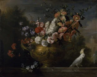 Stilleven met bloemen in een urn, met een kaketoe op een richel, ca. 1699