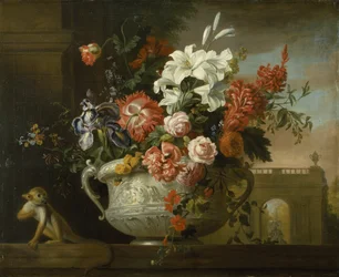 Stilleven met bloemen in een urn, met een aap, op een richel, c.1699
