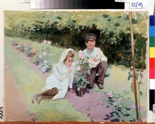 "Aan de rozenstruik" Twee kinderen in een rozentuin. Schilderij van Jakov Kalinichenko (1908)