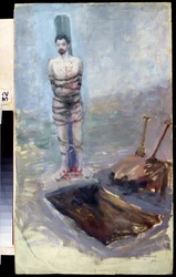 Russische Revolutie van 1905: "De executie" Een veroordeelde vastgebonden aan een paal bij zijn gegraven graf.