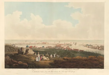 Curaçao, uit Twee Zichten op Curaçao genomen vanaf de Heuvel tussen de Stad en Fort George, gegraveerd door Thomas Hall