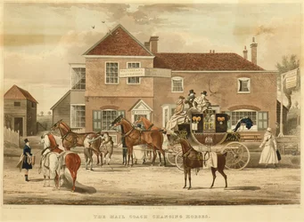 De postkoets wisselt van paarden, ca.1825
