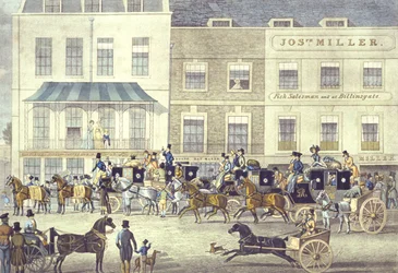West Country Mail bij het Gloucester Coffee House, Piccadilly, gegraveerd door C. Rosenberg
