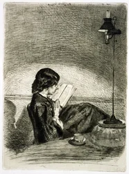 Lezen bij lamplicht, 1858