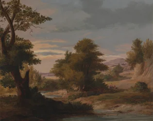 Een bebost rivierlandschap met moeder en kind