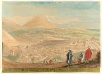 De Bala Hissar en de stad Kabul (Afghanistan) vanaf de citadel