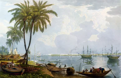 Een uitzicht op Calcutta, vanaf een punt tegenover Kidderpore, 1837, gegraveerd door Robert Havell de Jongere