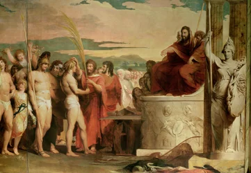Kroning van de overwinnaars in Olympia, het derde werk in de reeks De vooruitgang van de menselijke cultuur en kennis, detail van de overwinnaars die voor de Hellanodikai worden gekroond, ca. 1777-84