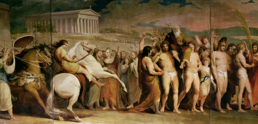 Kroning van de overwinnaars in Olympia, derde deel van de serie „De vooruitgang van de menselijke cultuur en kennis”, detail van het middenpaneel met Diagoras, ca. 1777-1801