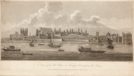 Een uitzicht op het oude paleis van Hampton Court vanaf de Theems