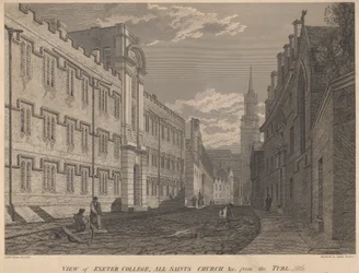 Uitzicht op Exeter College, All Saints Church, vanaf de Turl