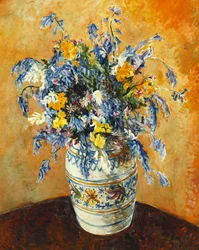 Blauwe Klokjes en Narcissen in een Versierde Vaas