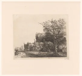 Landschap met drie huisjes met puntgevels langs een weg
