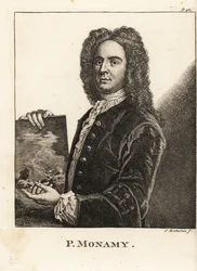 Portret van Peter Monamy, Engelse marineschilder met een maritiem tafereel