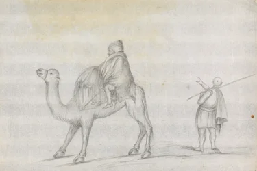 Reiziger en een man op een kameel