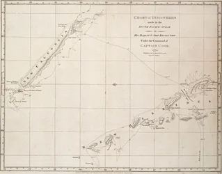 Kaart van ontdekkingen in de Zuidelijke Stille Oceaan in het schip 