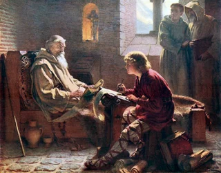 De eerbiedwaardige Bede vertaalt het laatste hoofdstuk van St. Johannes. De illustratie uit An Outline of Christianity bewerkt door A S Peake et al (Waverley, c 1910.)