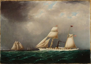 Amerikaans stoomzeiljacht EMILY op zee met vier schoeners voor de boeg