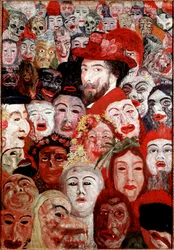 Zelfportret met maskers Schilderij van James Ensor (1860-1949) 1899 Afm. 120x180 cm Privécollectie