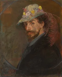 Zelfportret met hoed en bloemen