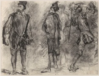 Drie Spaanse soldaten, van wie één een zwaard zwaait