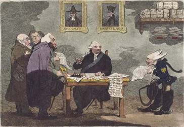 Een edelachtbare, over een naderende vrede, te druk om de uitgaven van een miljoen van het overheidsgeld bij te wonen door James Gillray (bijgesneden)