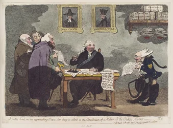 Een edelachtbare, over een naderende vrede, te druk met het bijwonen van de uitgaven van een miljoen van het overheidsgeld door James Gillray