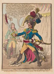 Bonaparte die hoort van Nelsons overwinning zweert bij zijn zwaard om de Engelsen van de aarde te verdrijven, uitgegeven 1798